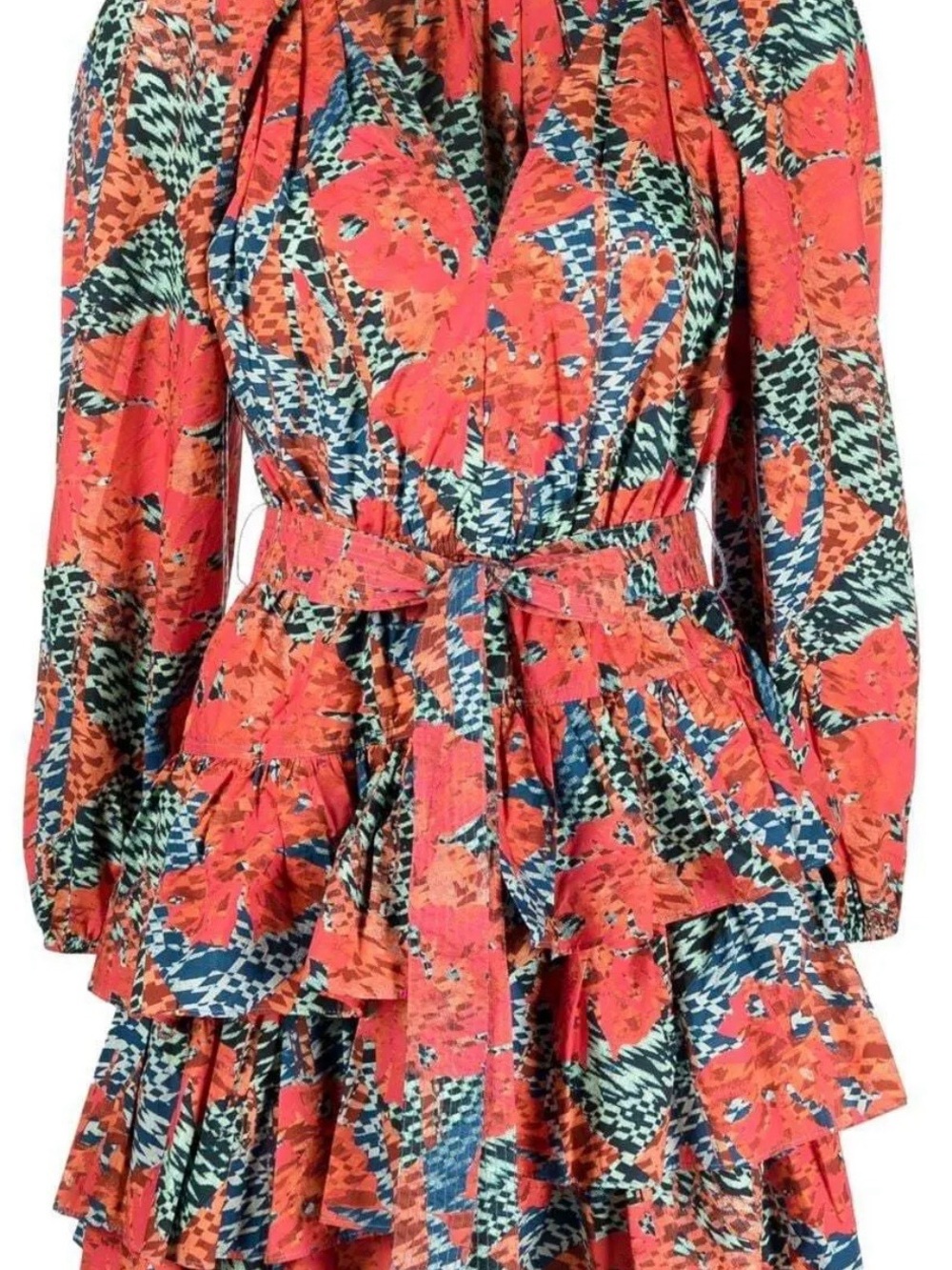 Ulla Johnson Coral and Teal Printed Long-Sleeve Tiered Dress